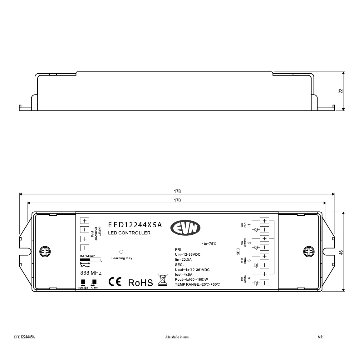 EVN Lichttechnik LED-Funk-Steuerung 868MHz 240-720W EFD12244X5A EVN Lichttechnik LED-Funk-Steuerung 868MHz 240-720W EFD12244X5A