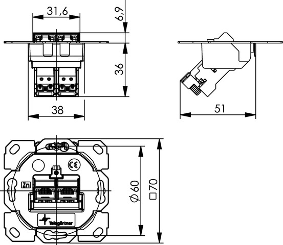 Telegärtner Modulaufnahme AMJ-S 2fach UP/0flex Cat6A T568A 100022964