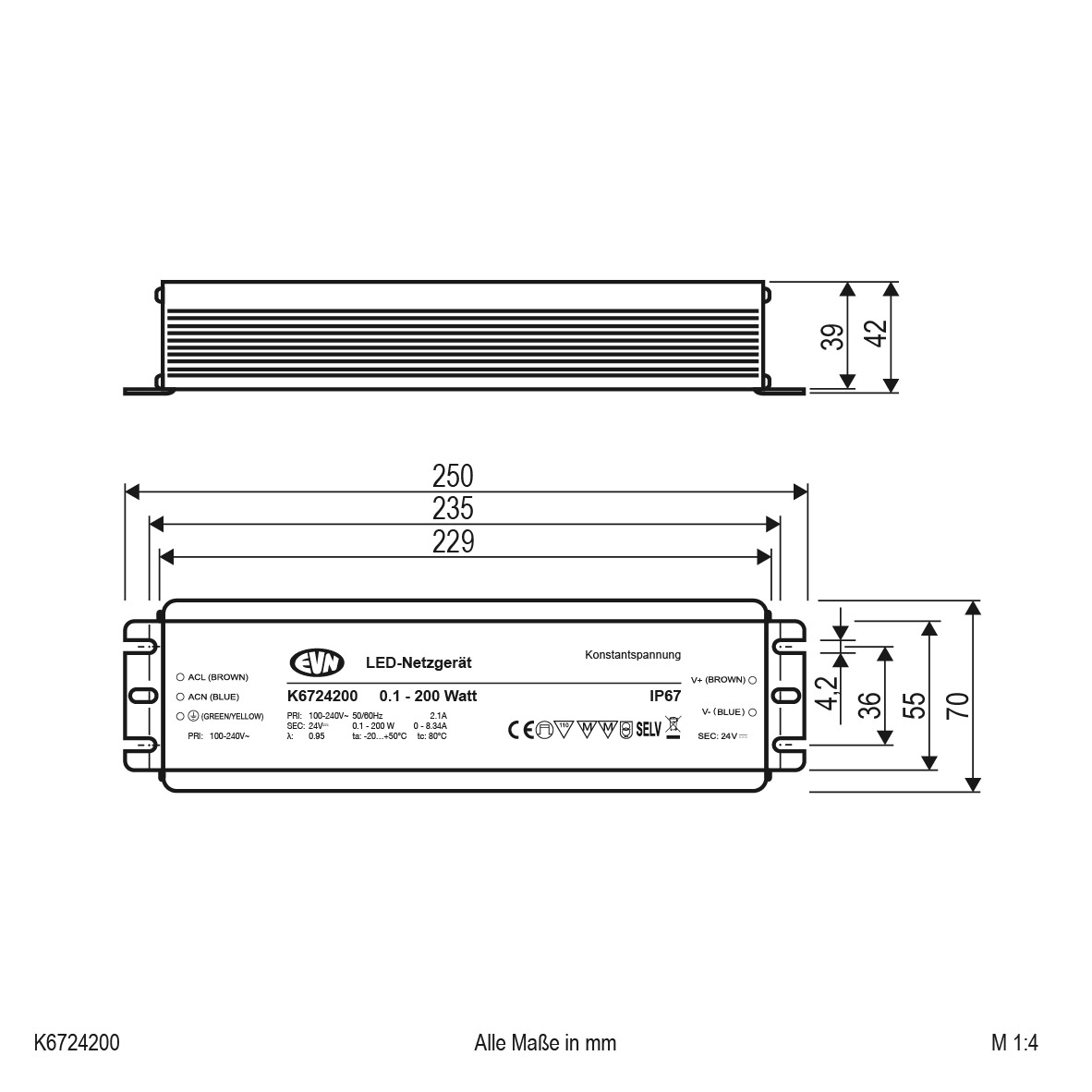 EVN Lichttechnik LED-Netzgerät 24VDC 0,1-200W IP67 K6724200