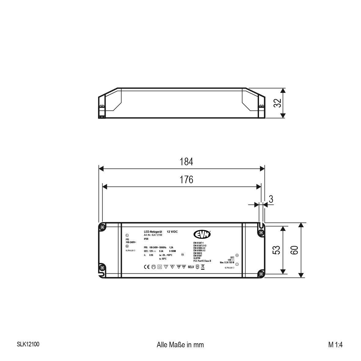 EVN Lichttechnik Netzgerät 12V/DC-0,1-100W IP20 SLK12100