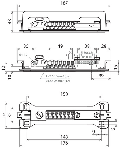 DEHN Potentialausgleichschiene 7x2,5-16 Fl 30x3,5 PAS 9AK