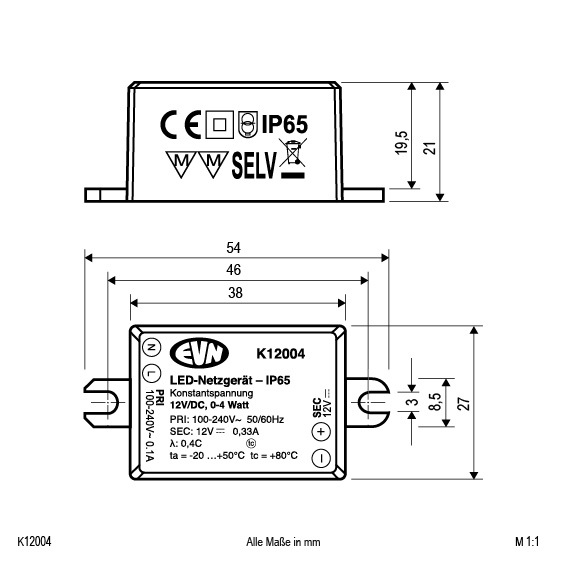 EVN Lichttechnik LED-Netzgerät 12VDC 0,1-4W IP65 K 12004