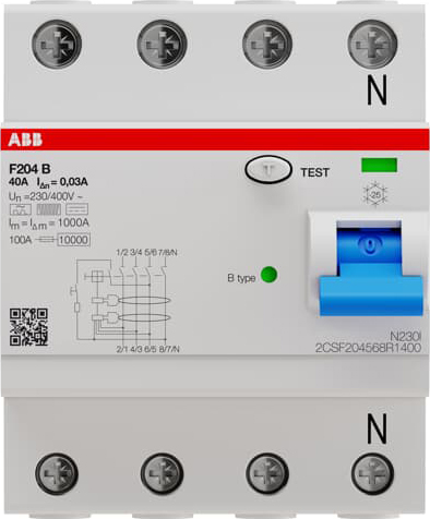 ABB Stotz S&J FI-Schutzschalter TypB 4P 40A,30mA,3kA,4TE F204B-40/0,03-4TE