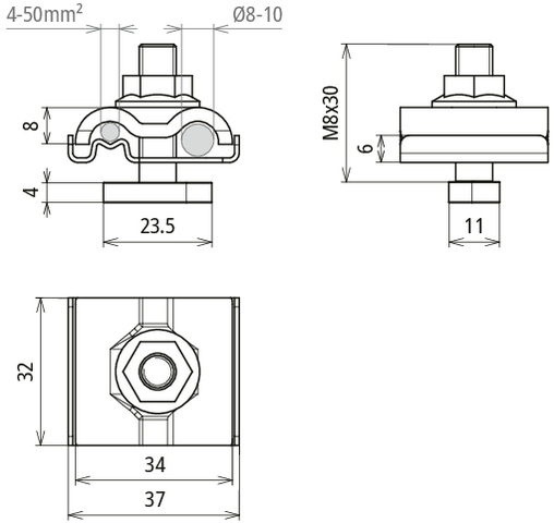 DEHN Uni-Erdungsklemme M8 Rd8-10mm+4-50qmm UEK810AQ450HKSM8V2A
