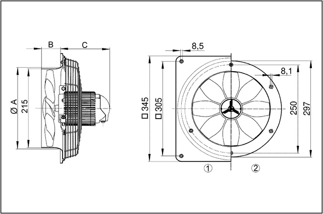 Maico Ventilator 1100cbm/h,65Wm,IP55 EZQ 20/2 B