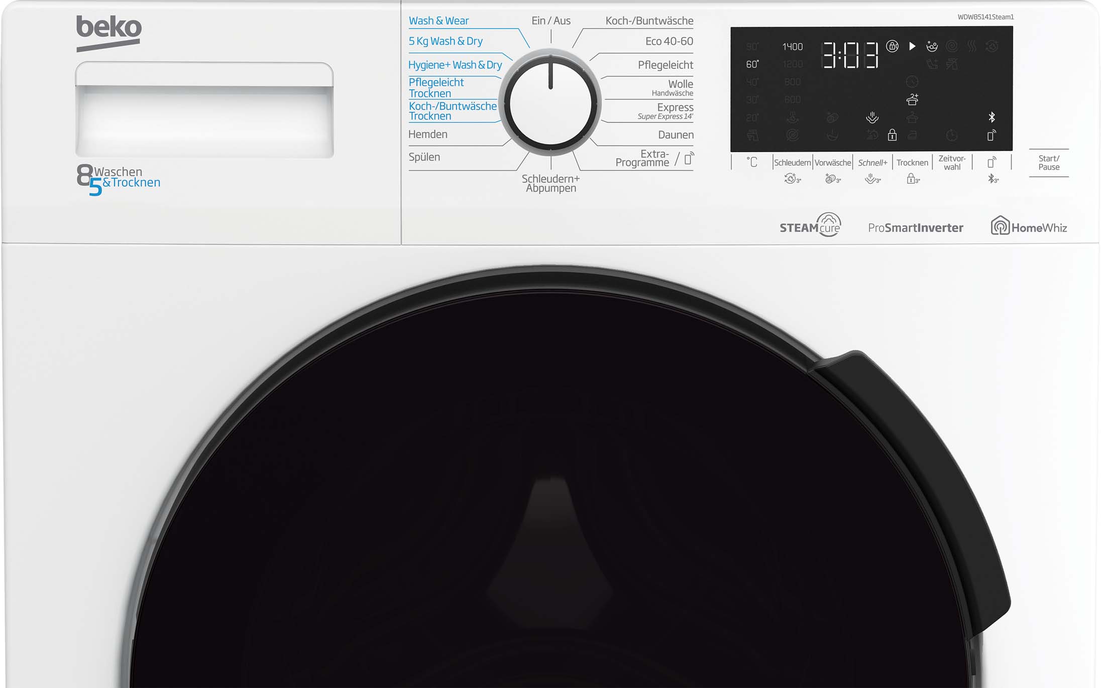 Beko MDA Waschtrockner m.XL-Tür BT,1400Upm,Dampff. WDW85141Steam1