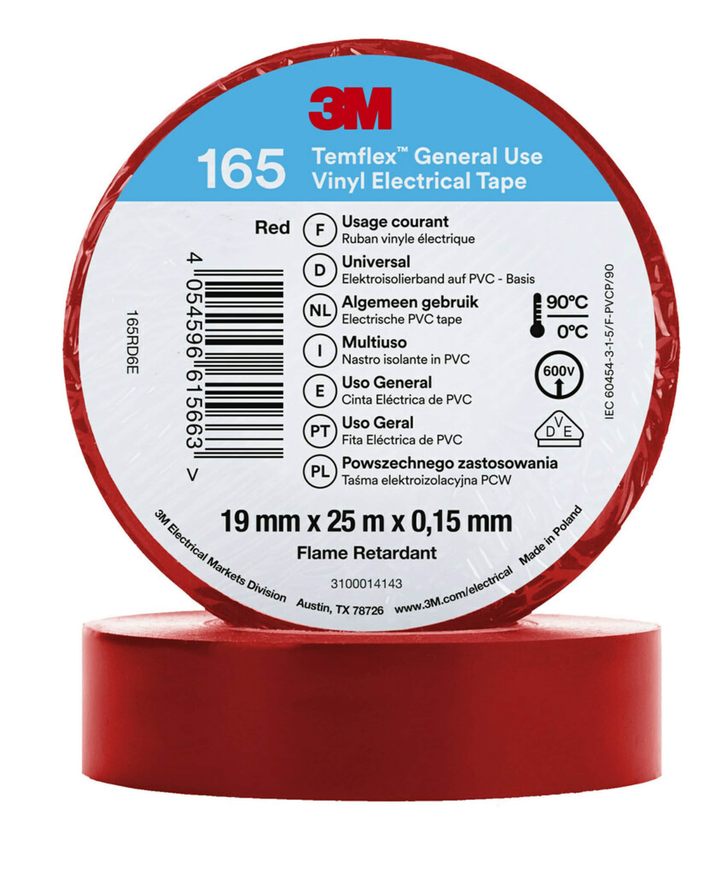 3M Deutschland PVC Elektro-Isolierband 165RD6E Temflex165 rot19X25