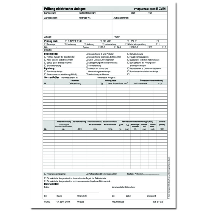 Fluke Prüfprotokollblock nach DIN VDE 0100 FTC00001278D