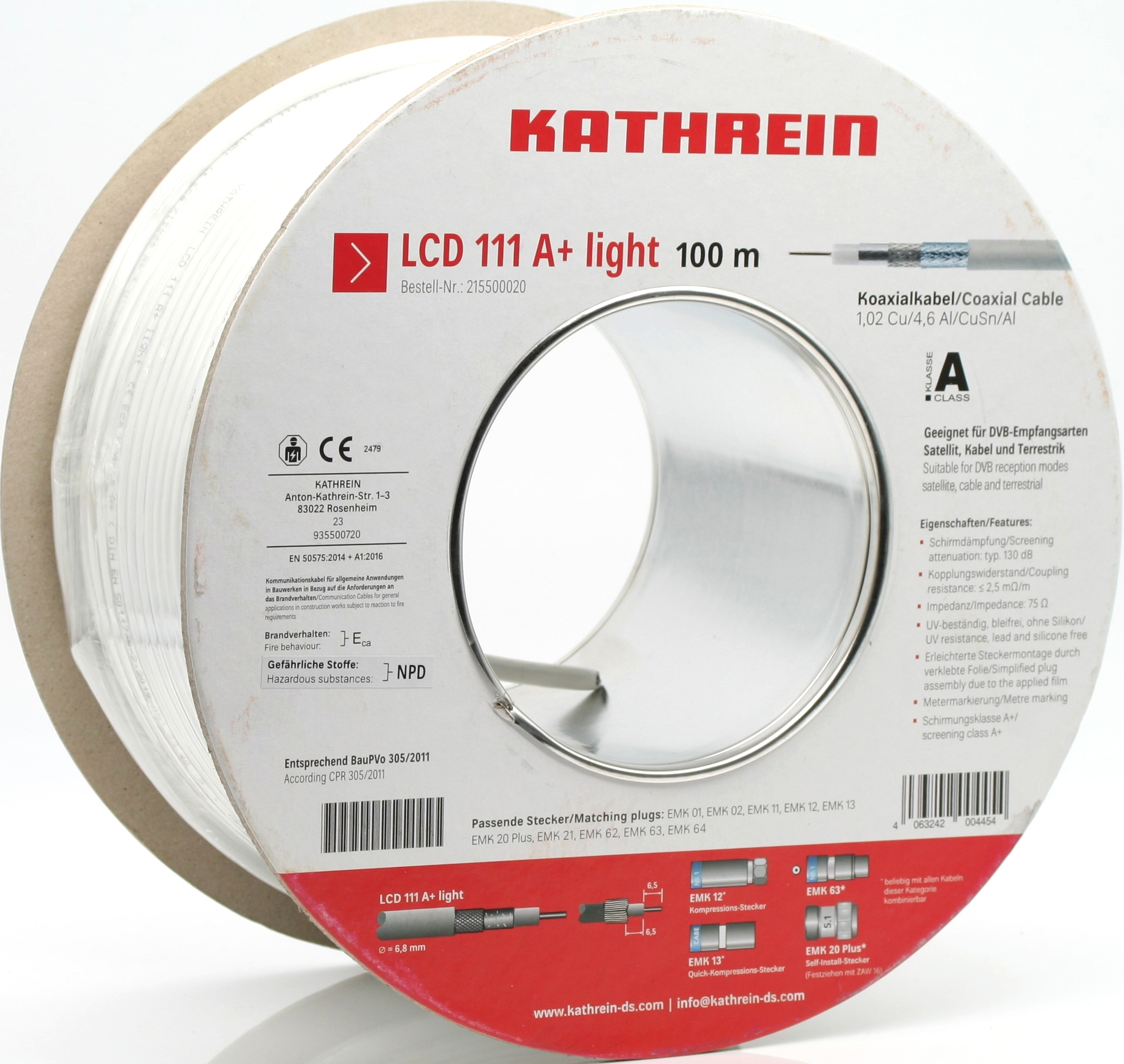 100 M Kathrein Koaxialkabel A+ 135dB 6,8mm ws LCD111A+lig/100m Eca