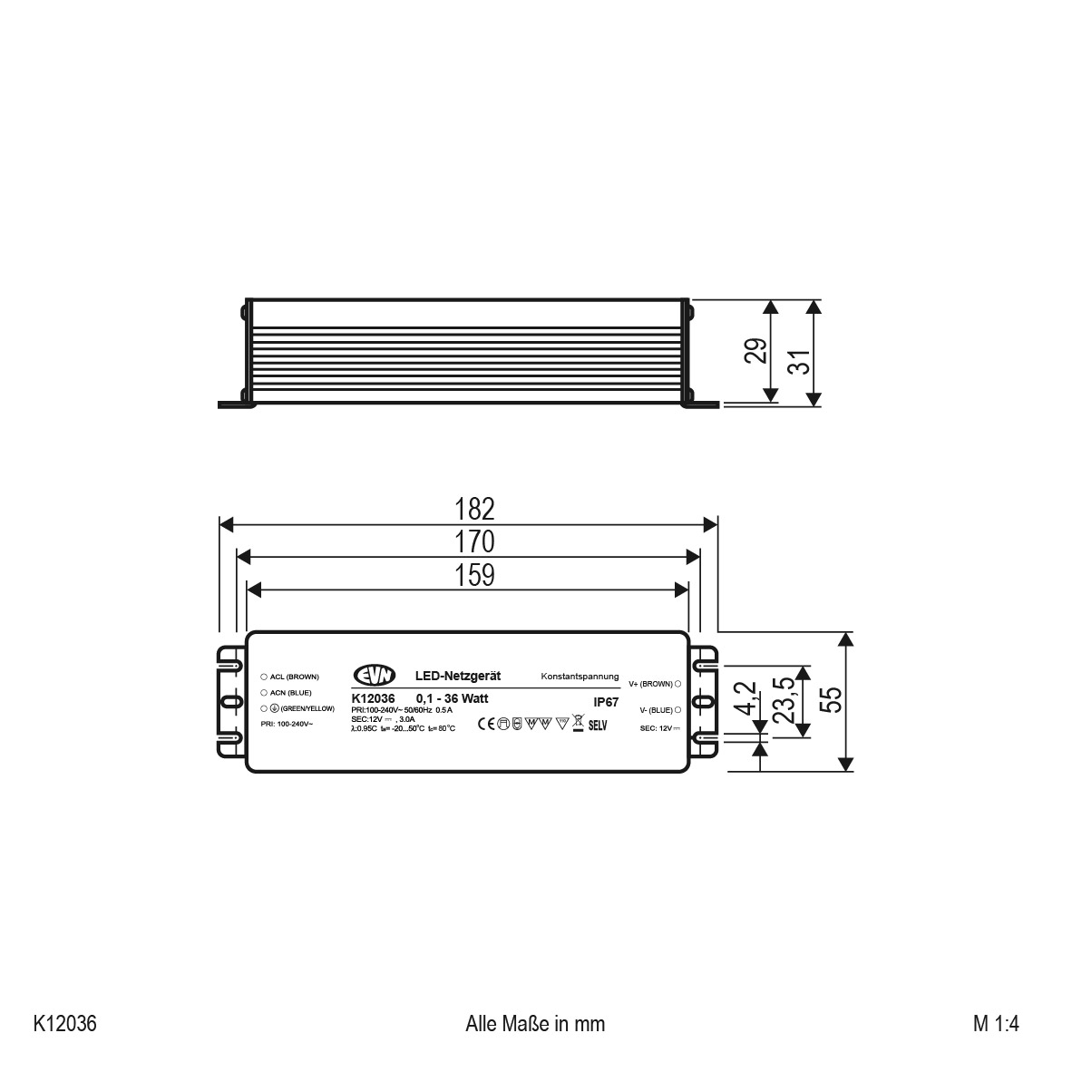 EVN Lichttechnik LED-Netzgerät 12VDC 0-36W IP67 K 12036
