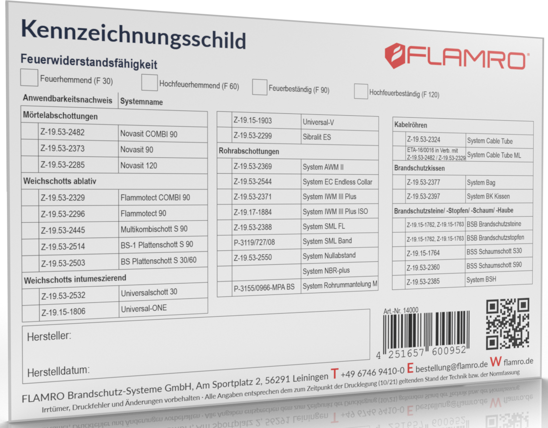 FLAMRO Brandschutz Kennzeichnungsschild universal 14000