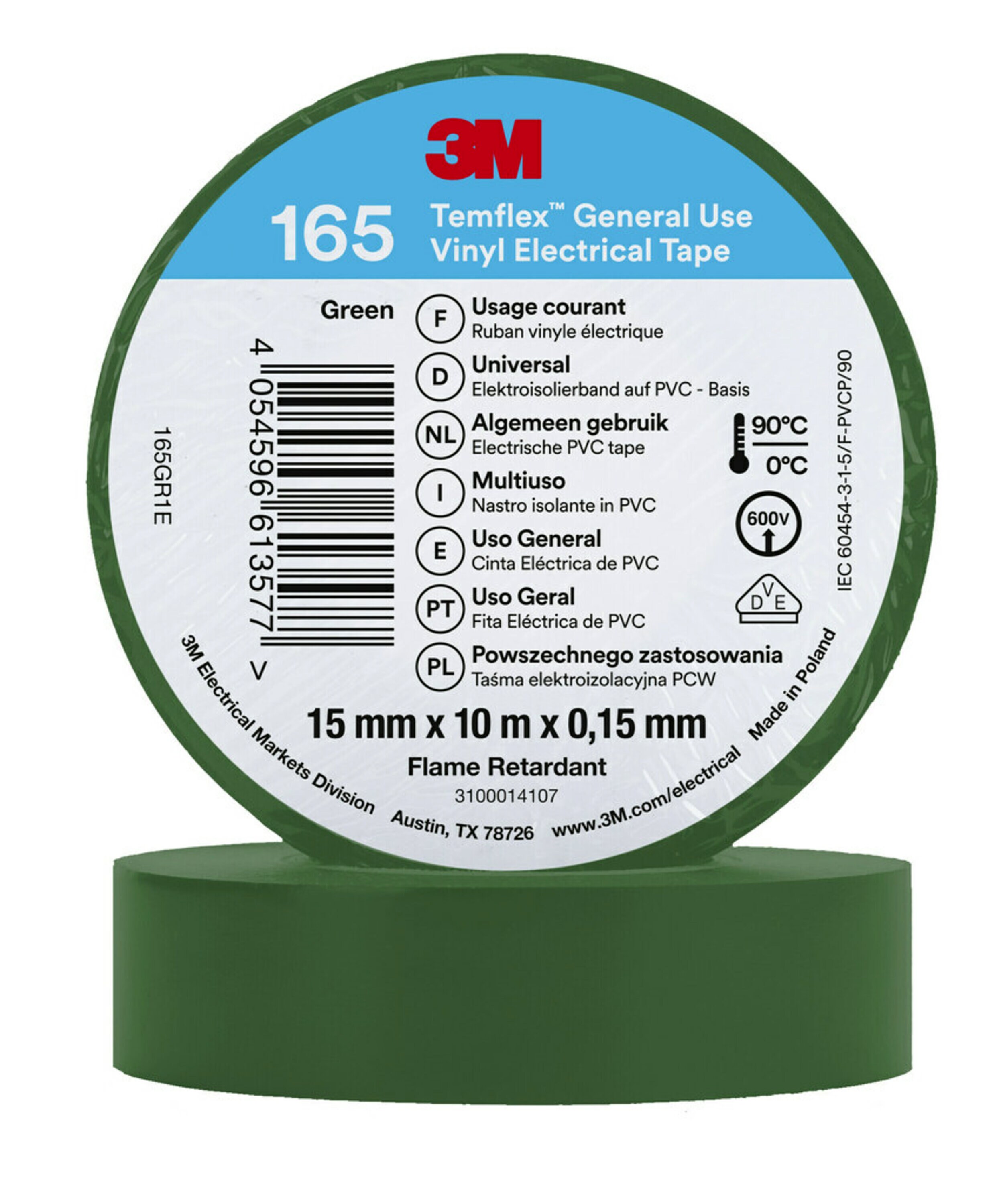 3M Deutschland PVC Elektro-Isolierband 165GR1E Temflex165 grü15X10