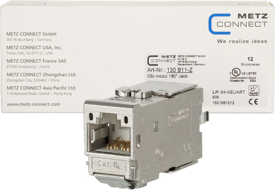 12 STK Metz Connect C6Amodul 180 Jack Cat. 6A geschirmt TN-C6Amod-180-12