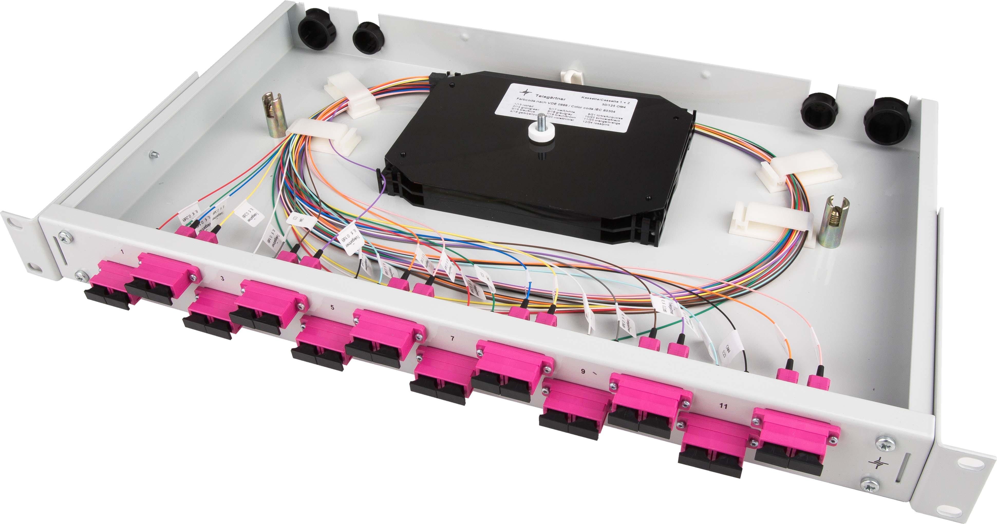 Telegärtner Spleißbox bestückt 12xSCD 50/125OM4 1HE TNSB-Be-12SCD-50-OM4