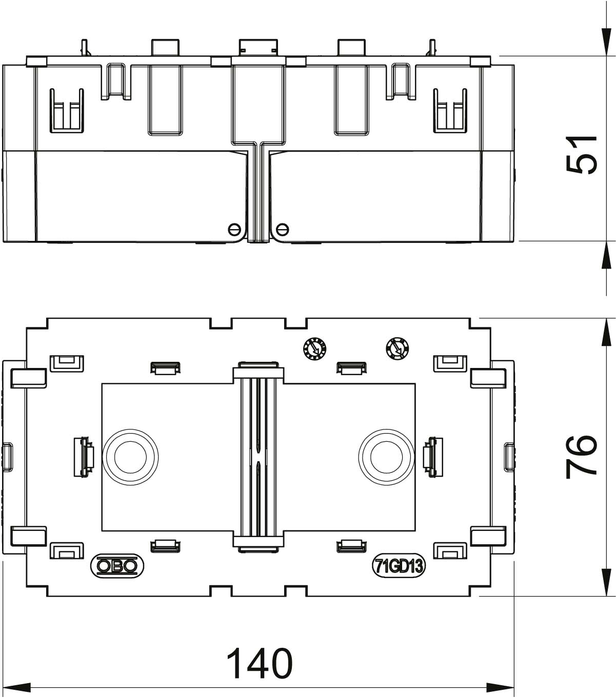 OBO Bettermann Vertr Geräteeinbaudose 2fach 140x76x51mm gr 71GD13
