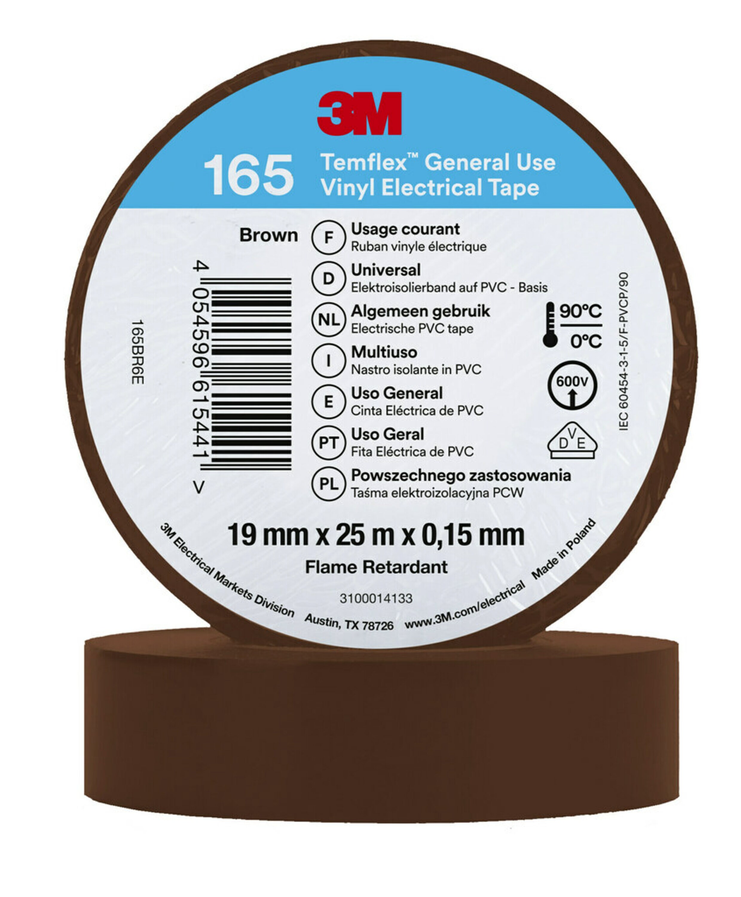 3M Deutschland PVC Elektro-Isolierband 165BR6E Temflex165 brau19X25